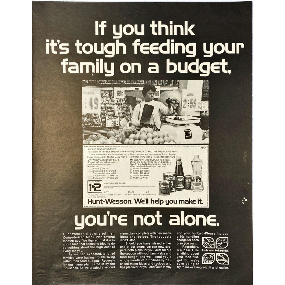 Hunt-Wesson Food Products "On a Budget: Computer Menu Plan" Vtg Print Ad 1970